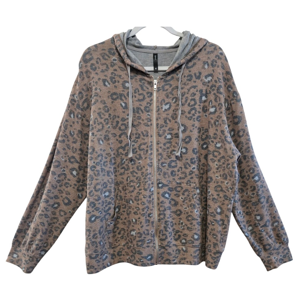 Savvi Women's 1X Leopard Print Full Zip Hoodie Tan Gray Animal Print Sweatshirt